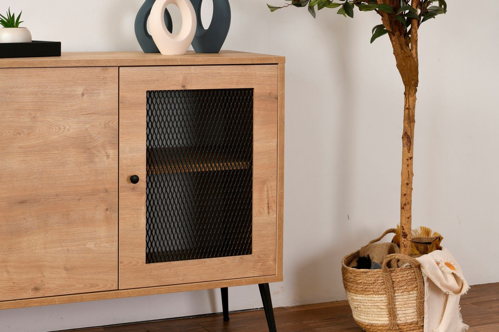 Aparador elegante em carvalho com pernas de metal, 180 x 41 x 81 cm | Painel de partículas 100% revestido, revestimento em arame | Perfeita para salas de estar e entradas Modernos