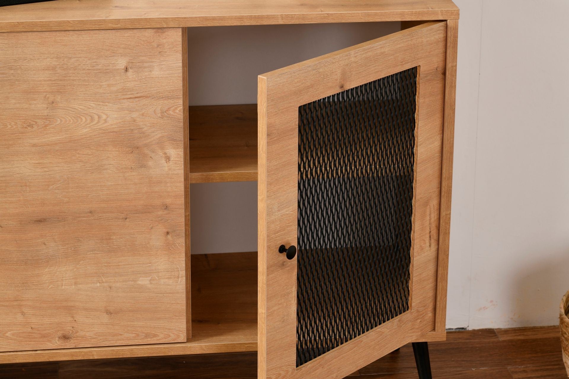 Aparador elegante em carvalho com pernas de metal, 180 x 41 x 81 cm | Painel de partículas 100% revestido, revestimento em arame | Perfeita para salas de estar e entradas Modernos