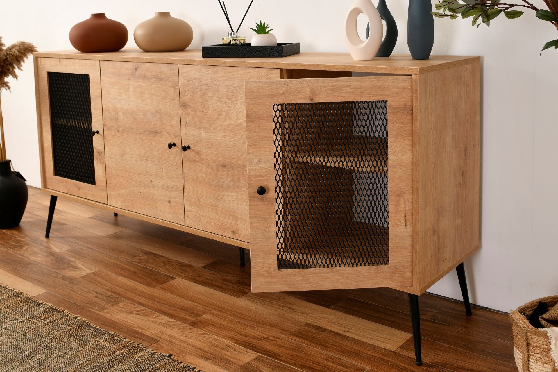 Aparador elegante em carvalho com pernas de metal, 180 x 41 x 81 cm | Painel de partículas 100% revestido, revestimento em arame | Perfeita para salas de estar e entradas Modernos