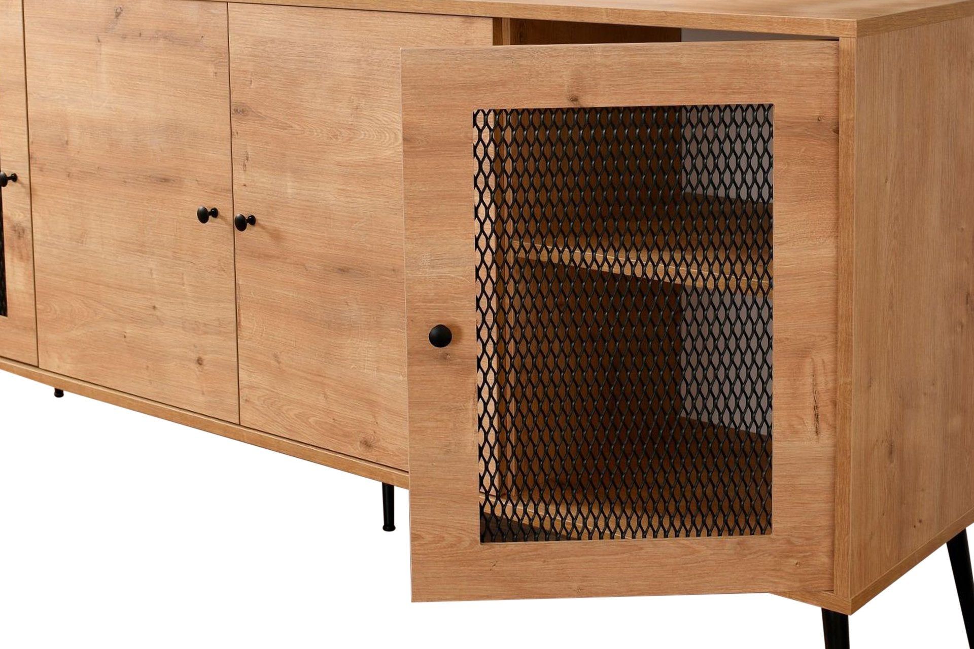 Aparador elegante em carvalho com pernas de metal, 180 x 41 x 81 cm | Painel de partículas 100% revestido, revestimento em arame | Perfeita para salas de estar e entradas Modernos