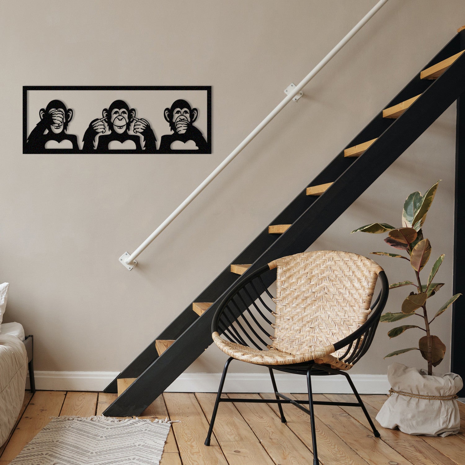 Três Macacos M – Decoração de Parede em Metal 100%, Preto, 70x25 cm