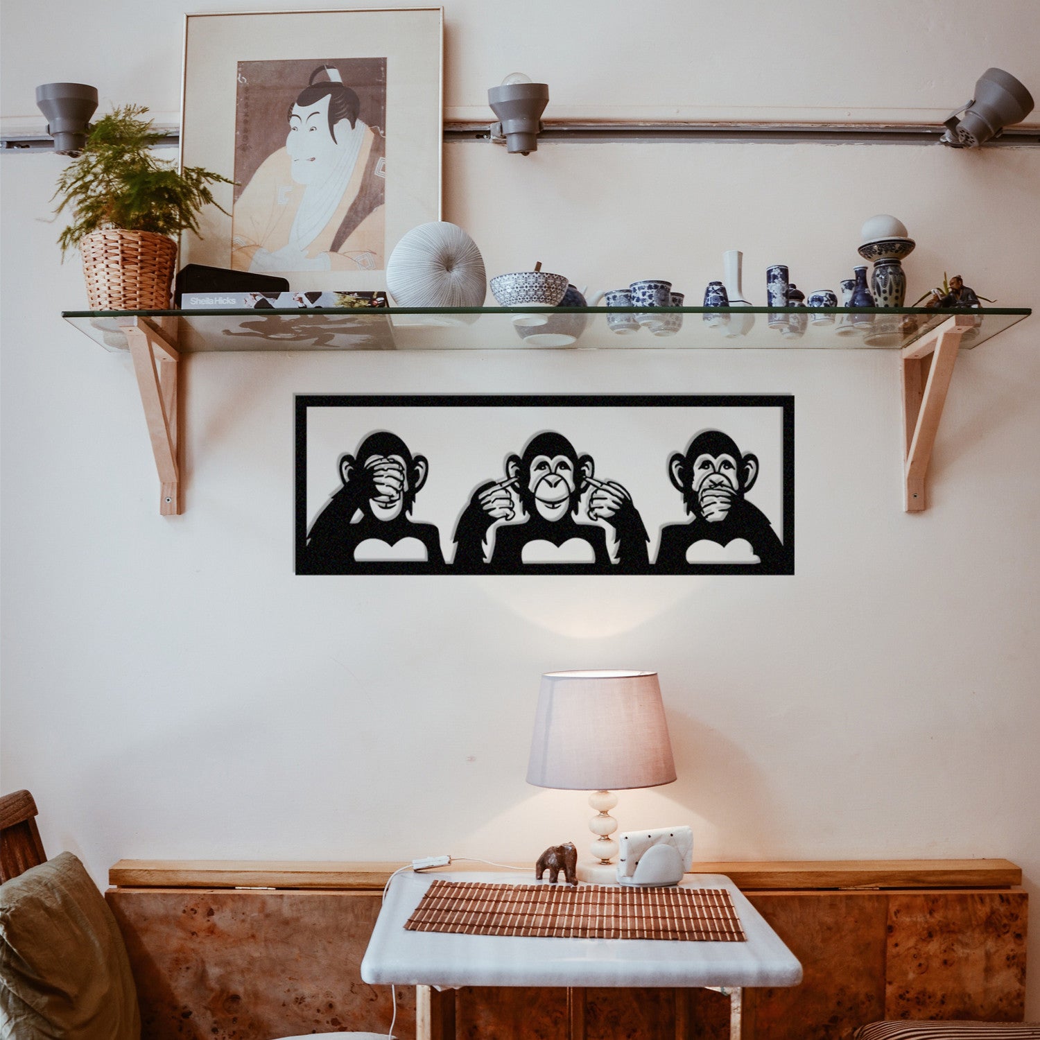 Três Macacos M – Decoração de Parede em Metal 100%, Preto, 70x25 cm