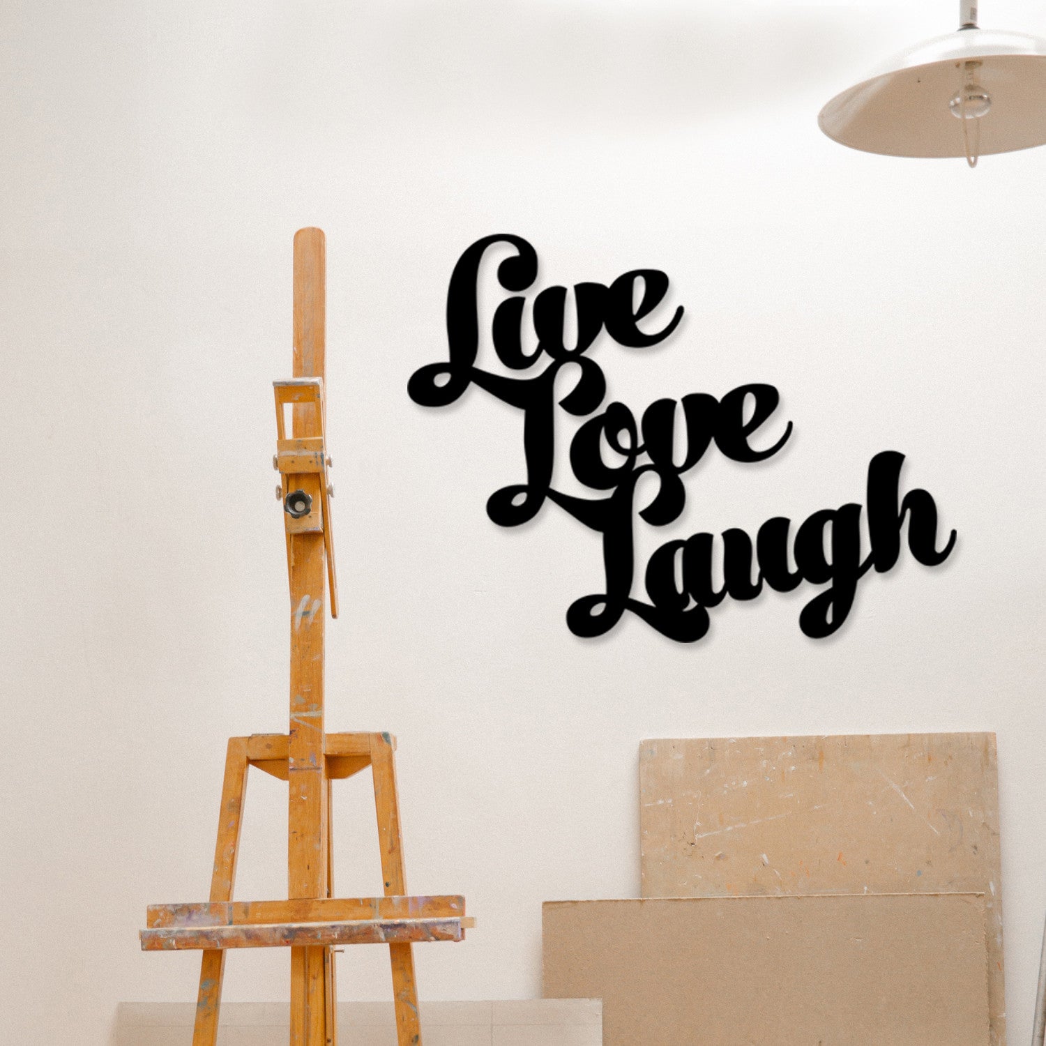Placa Decorativa em Metal “Live Love Laugh” — Preto, 52x38 cm, 100% Metal (1,2 mm)