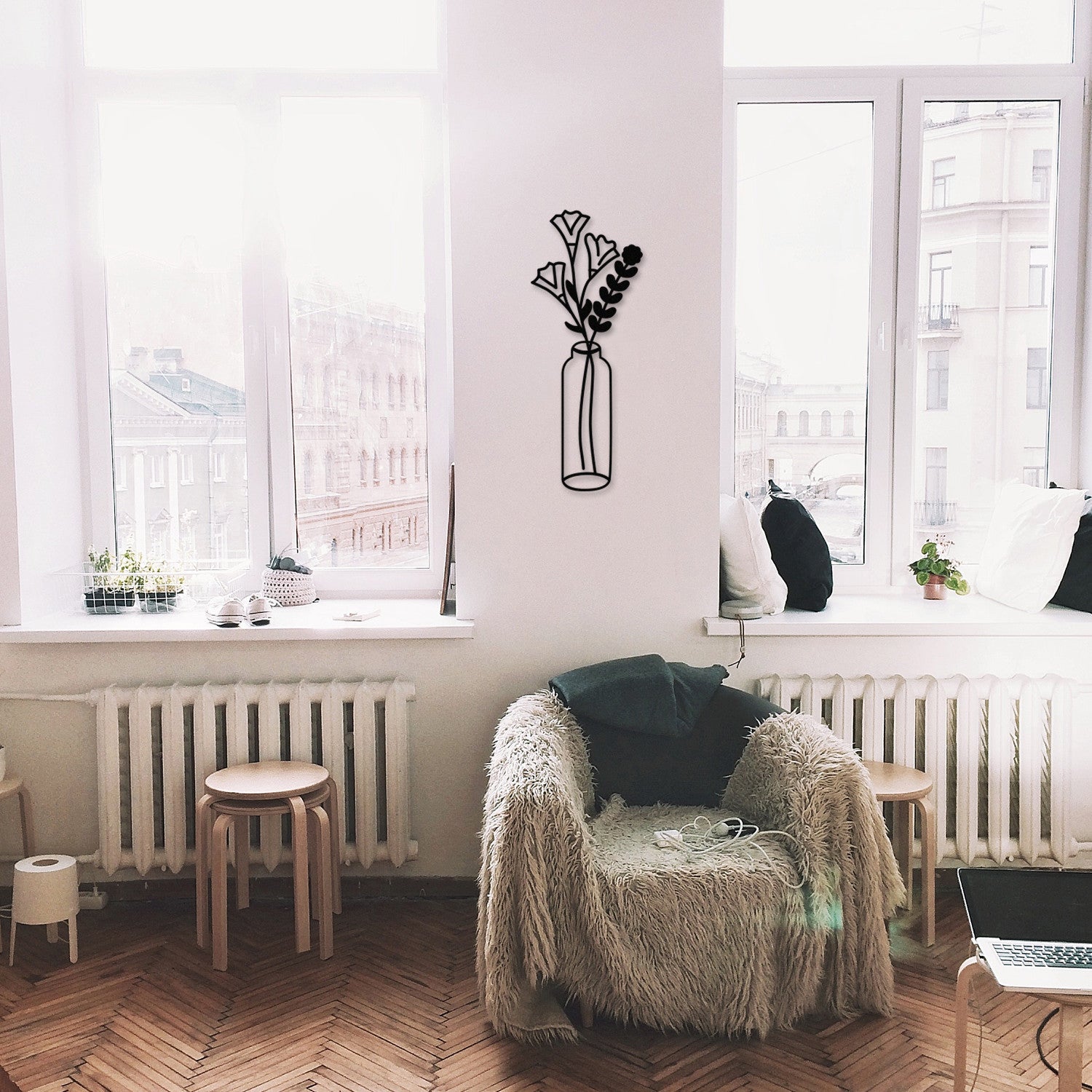 Decoração de Parede em Metal Flor 2 – Preto, 24x60 cm (100% Metal)