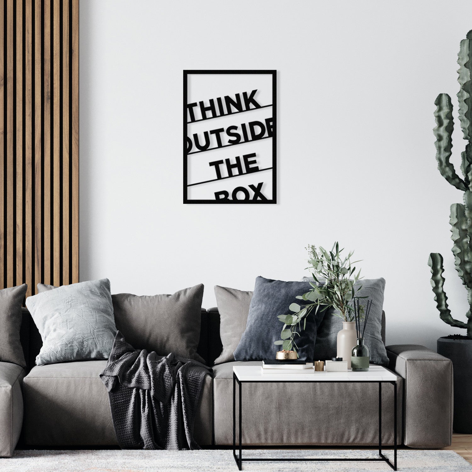 Quadro Metálico "Think Outside The Box" – Preto, 50x70 cm | Decoração de Parede Moderna