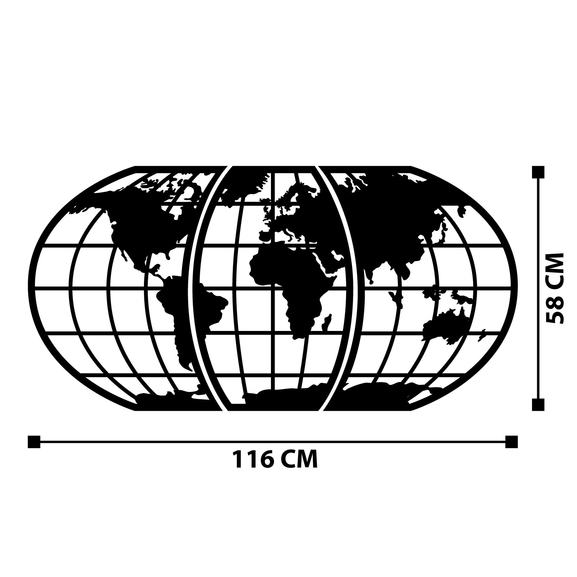 Mapa-Mundo 11 em Metal Preto - Acessório Decorativo de Parede 116 x 58 cm
