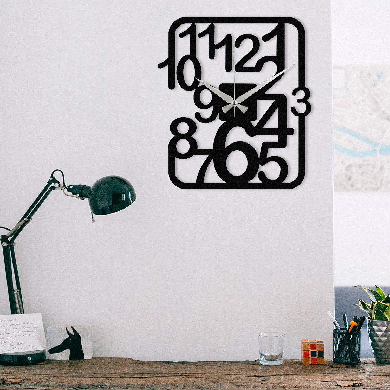 Enzoclock S021 — Relógio de Parede Decorativo em Metal Preto, 48x43 cm, 100% Metal (1,2 mm), funciona com 1 pilha AA (não incluída)