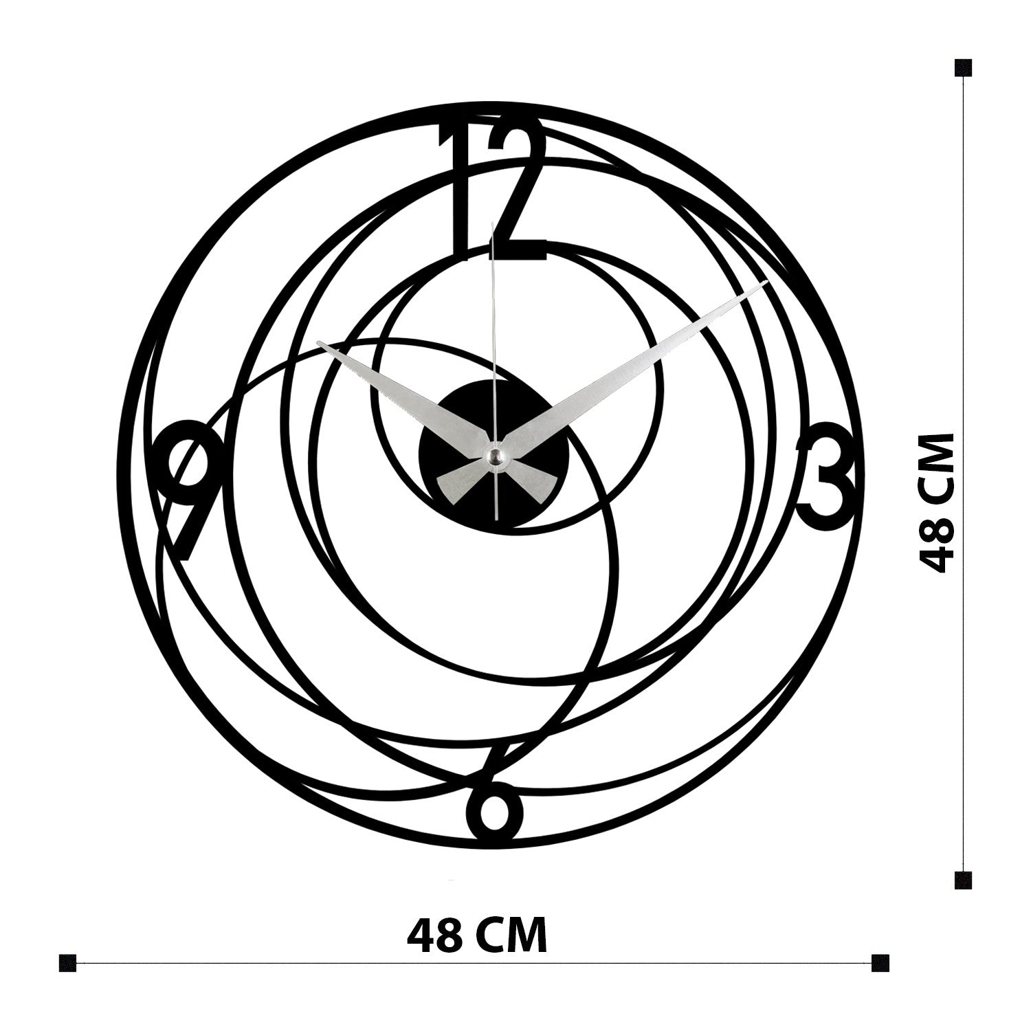 Relógio de Parede Decorativo Enzoclock S027 — 100% Metal (1,2 mm), 48x48 cm, Preto