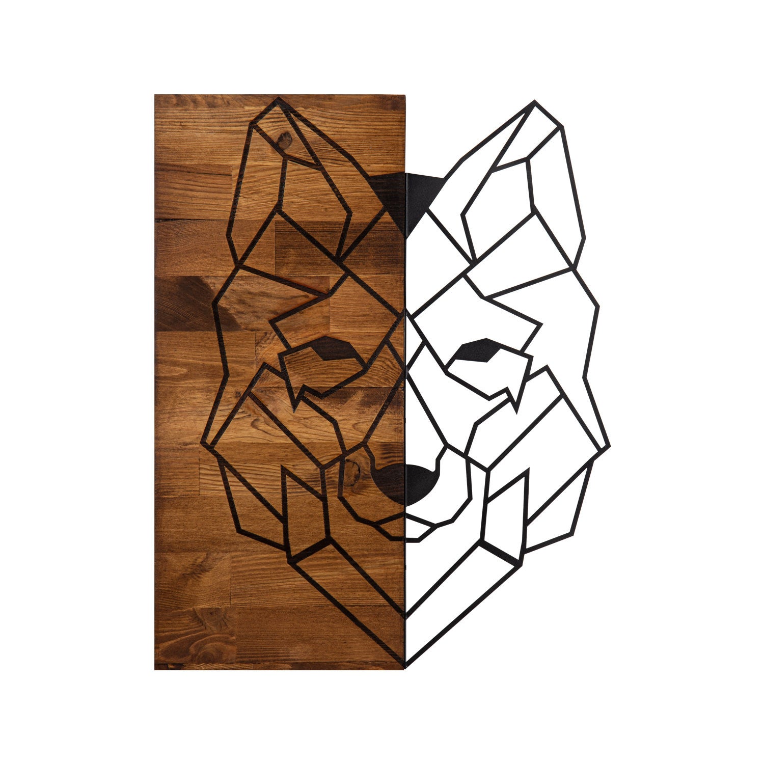 Painel Decorativo de Parede Wolf1 — Lobo em Metal Preto com Moldura de Madeira Nogueira, 45,5 x 58 cm