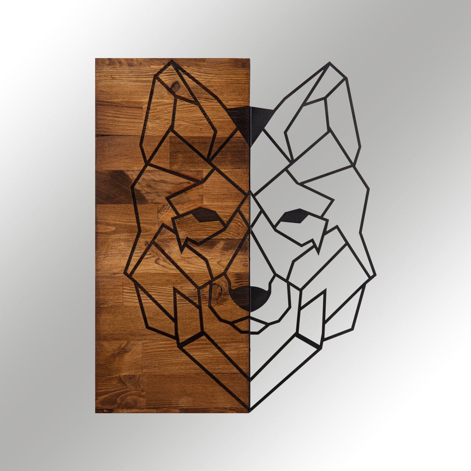 Painel Decorativo de Parede Wolf1 — Lobo em Metal Preto com Moldura de Madeira Nogueira, 45,5 x 58 cm
