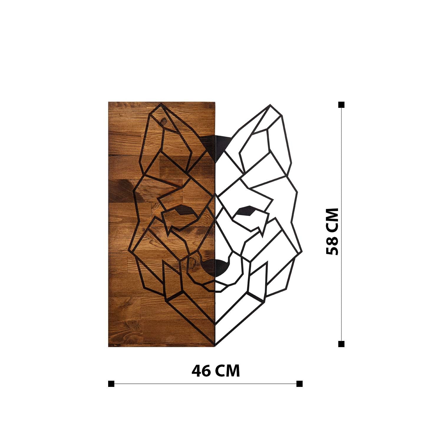 Painel Decorativo de Parede Wolf1 — Lobo em Metal Preto com Moldura de Madeira Nogueira, 45,5 x 58 cm