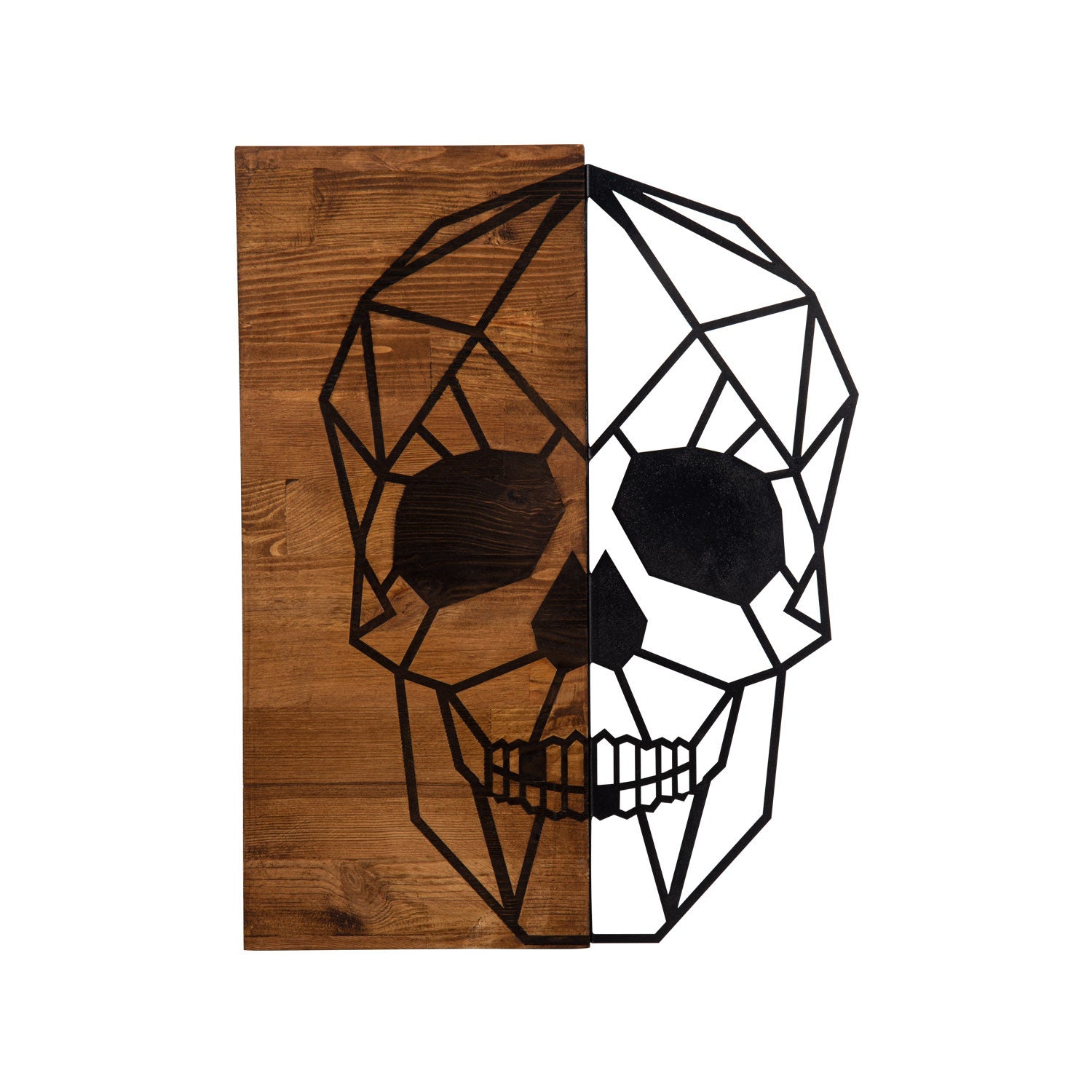 Decoração de Parede Caveira em Metal Preto com Moldura em Nogueira – 44 x 58 cm
