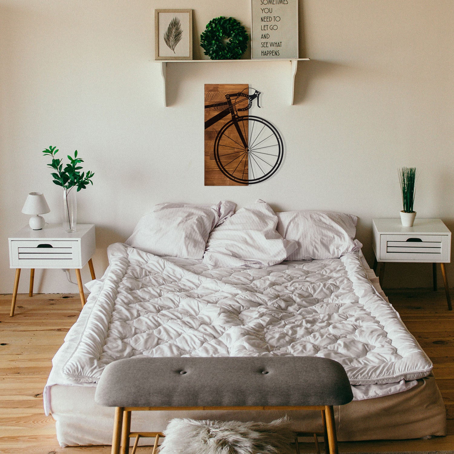 Bisiklet – Quadro Decorativo de Parede em Metal e Madeira (Preto/Nogueira), 45 x 58 cm