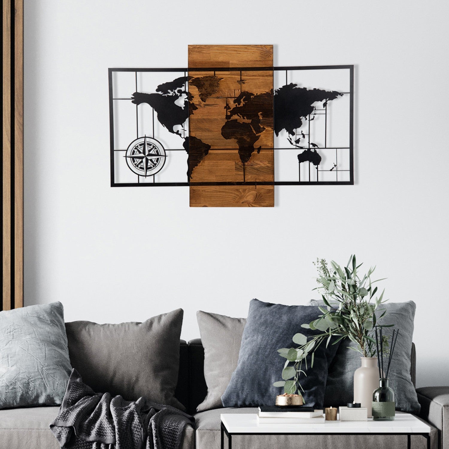 Acessório decorativo de parede em madeira – 85 x 58 cm – preto e nogueira – metal e madeira