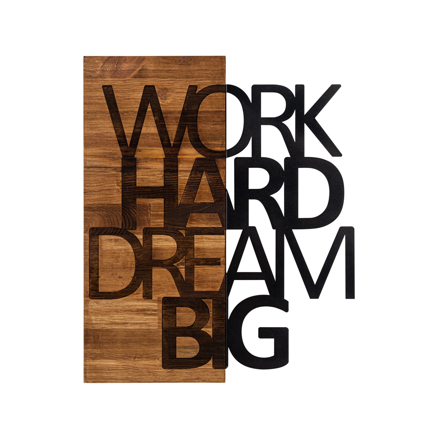 Quadro Decorativo "Work Hard Dream Big" em Metal, Moldura de Nogueira, Preto, 48 x 58 cm