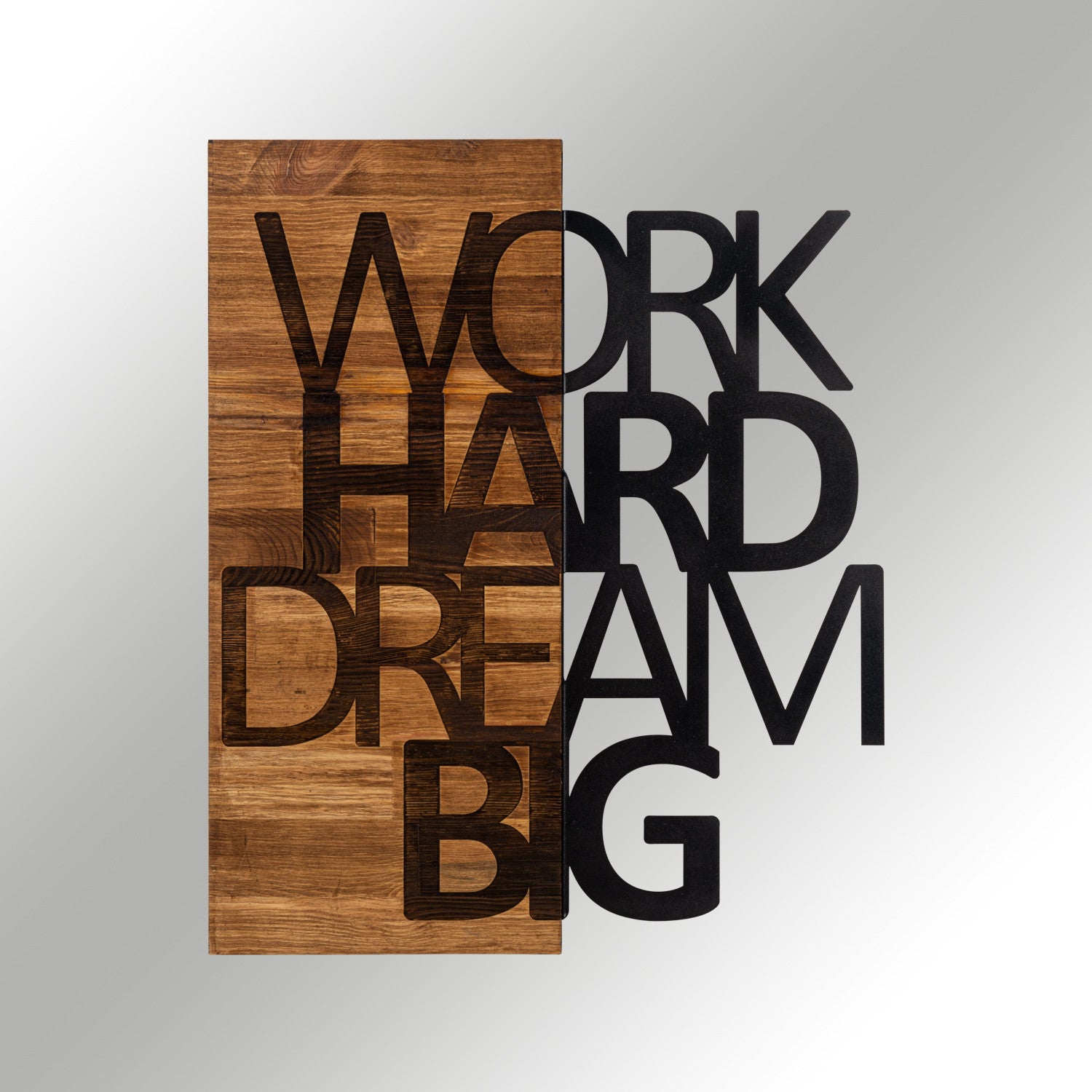 Quadro Decorativo "Work Hard Dream Big" em Metal, Moldura de Nogueira, Preto, 48 x 58 cm