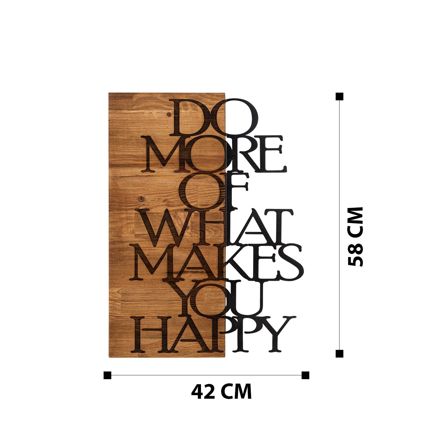 Quadro de Parede "Do More Of What Makes You Happy" — Metal 100% com Moldura em Madeira Nogueira, Preto, 42 x 58 cm