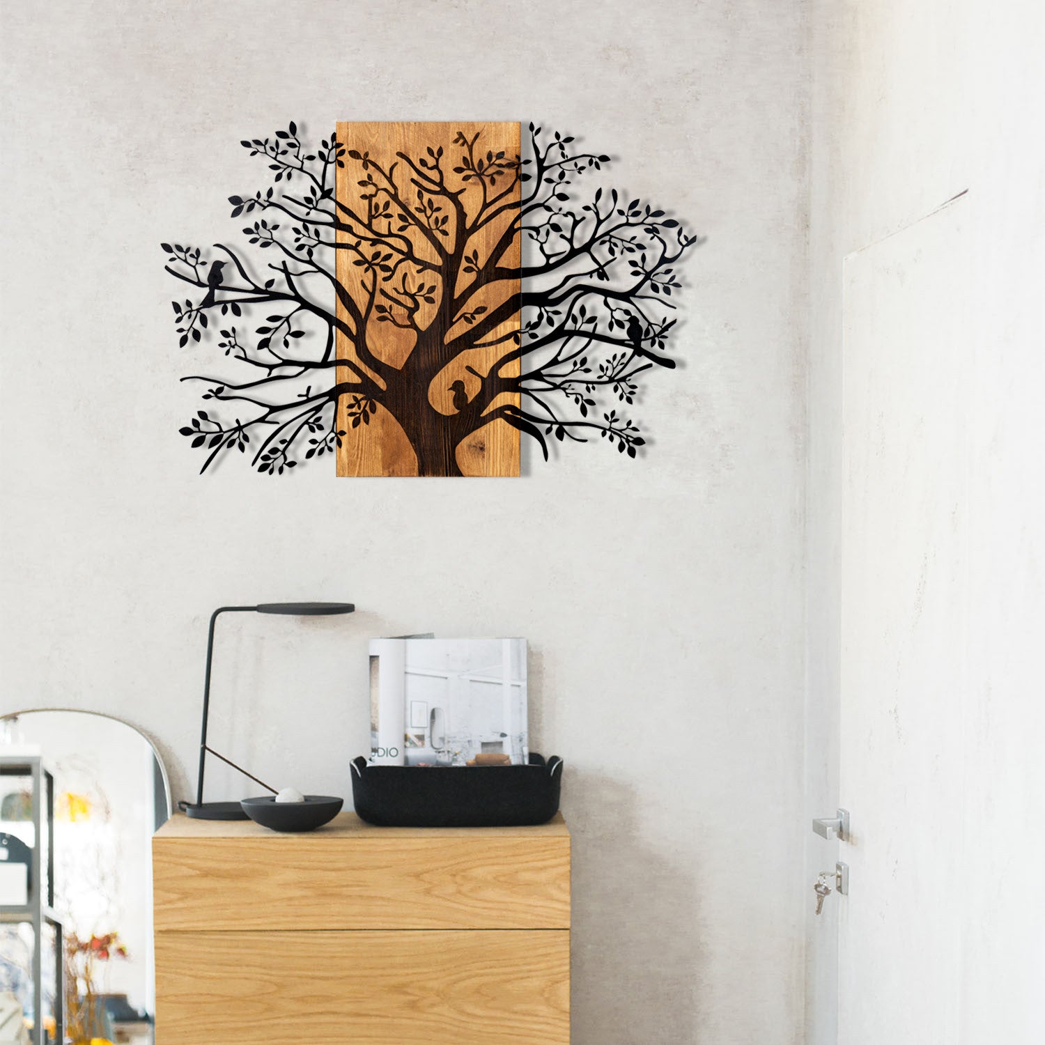 Elegante acessório decorativo de parede em madeira, 85 x 58 cm, preto e nogueira | 100% metal (1,2 mm) e estrutura de madeira (3 cm) | Perfeito para decoração moderna