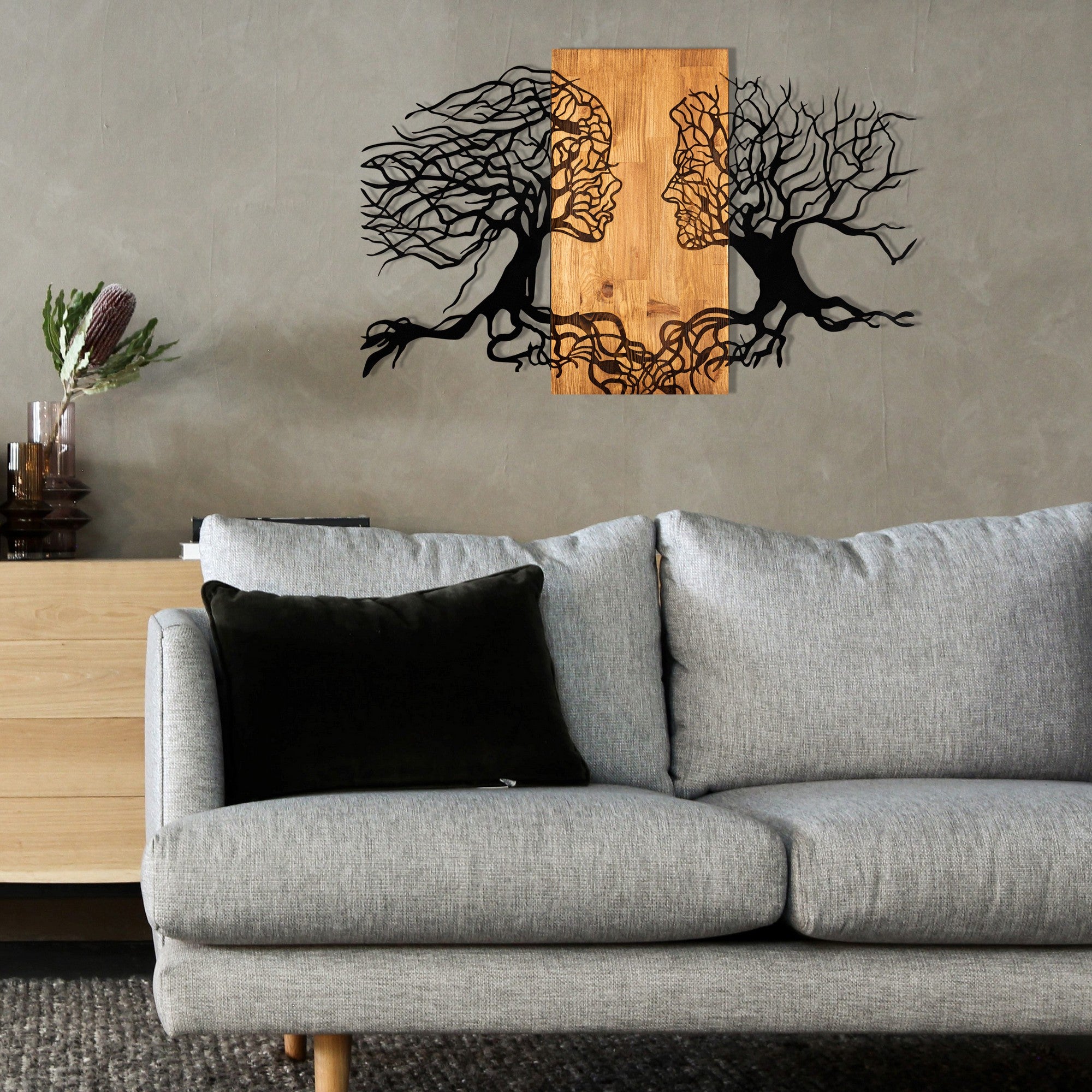 Elegante acessório decorativo de parede em madeira, 92 x 58 cm, preto e nogueira | Estrutura 100% metal (1,2 mm) e madeira maciça (3 cm) | Perfeito para decoração moderna