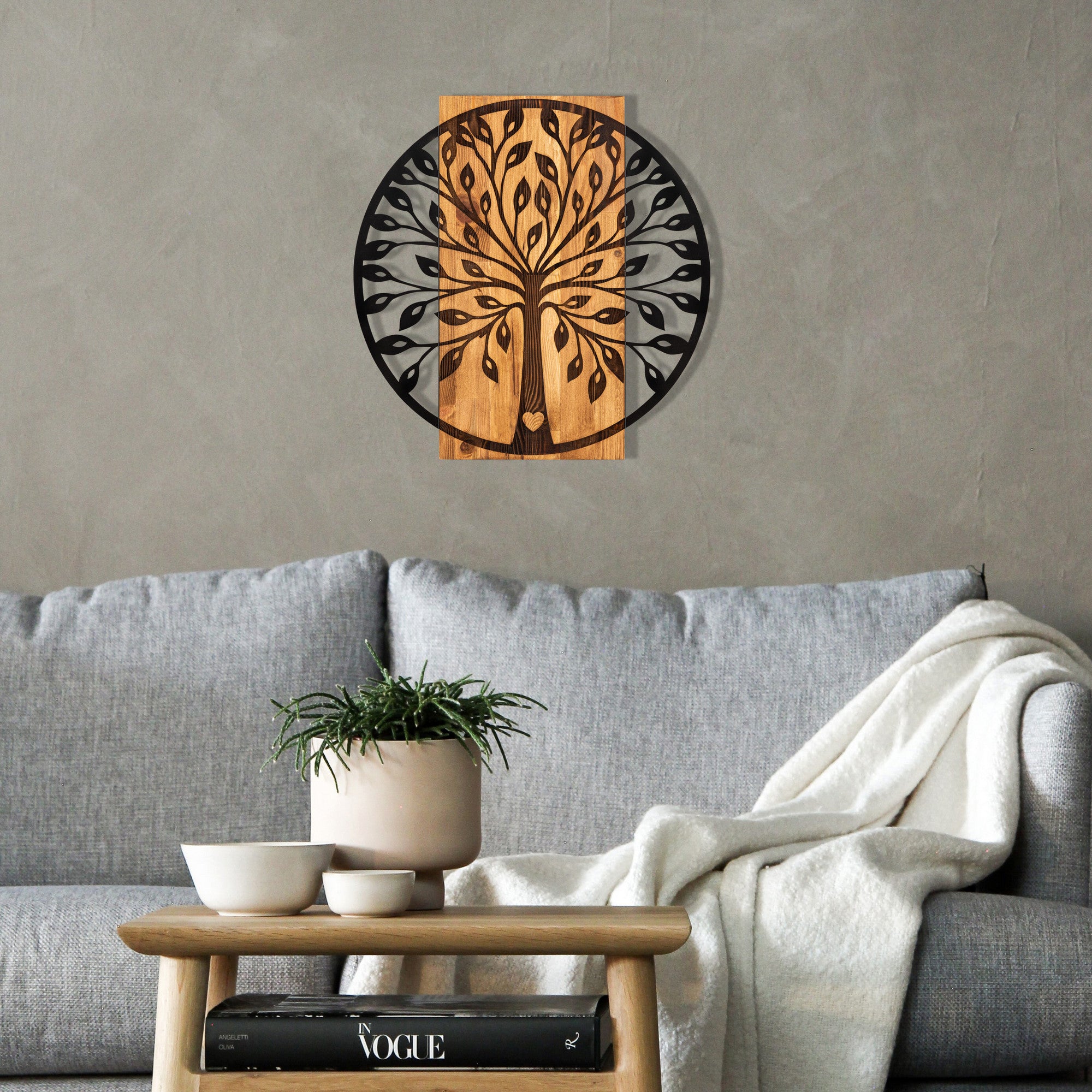 Zehre – Acessório Decorativo de Parede em Metal com Moldura em Madeira, Preto/Nogueira, 56 x 58 cm (279ENZ1777)