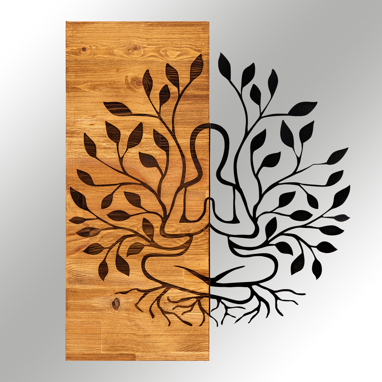 Painel Decorativo de Parede Lina — Metal Preto com Moldura em Nogueira, 48 x 58 cm