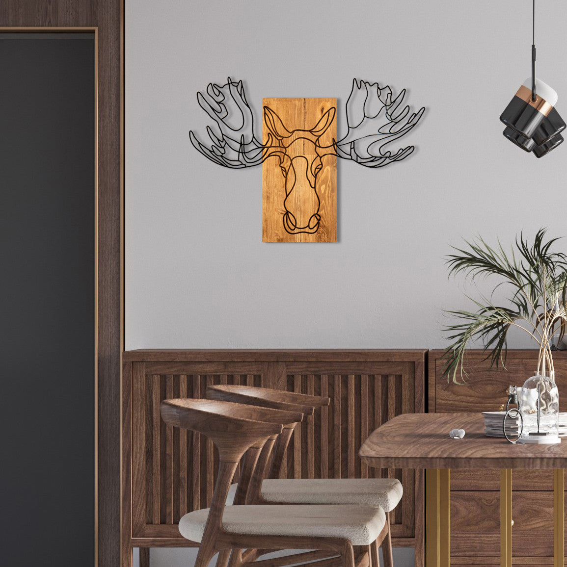 Jeyan — Acessório Decorativo de Parede em Metal com Moldura em Nogueira, Preto, 93 x 66 cm