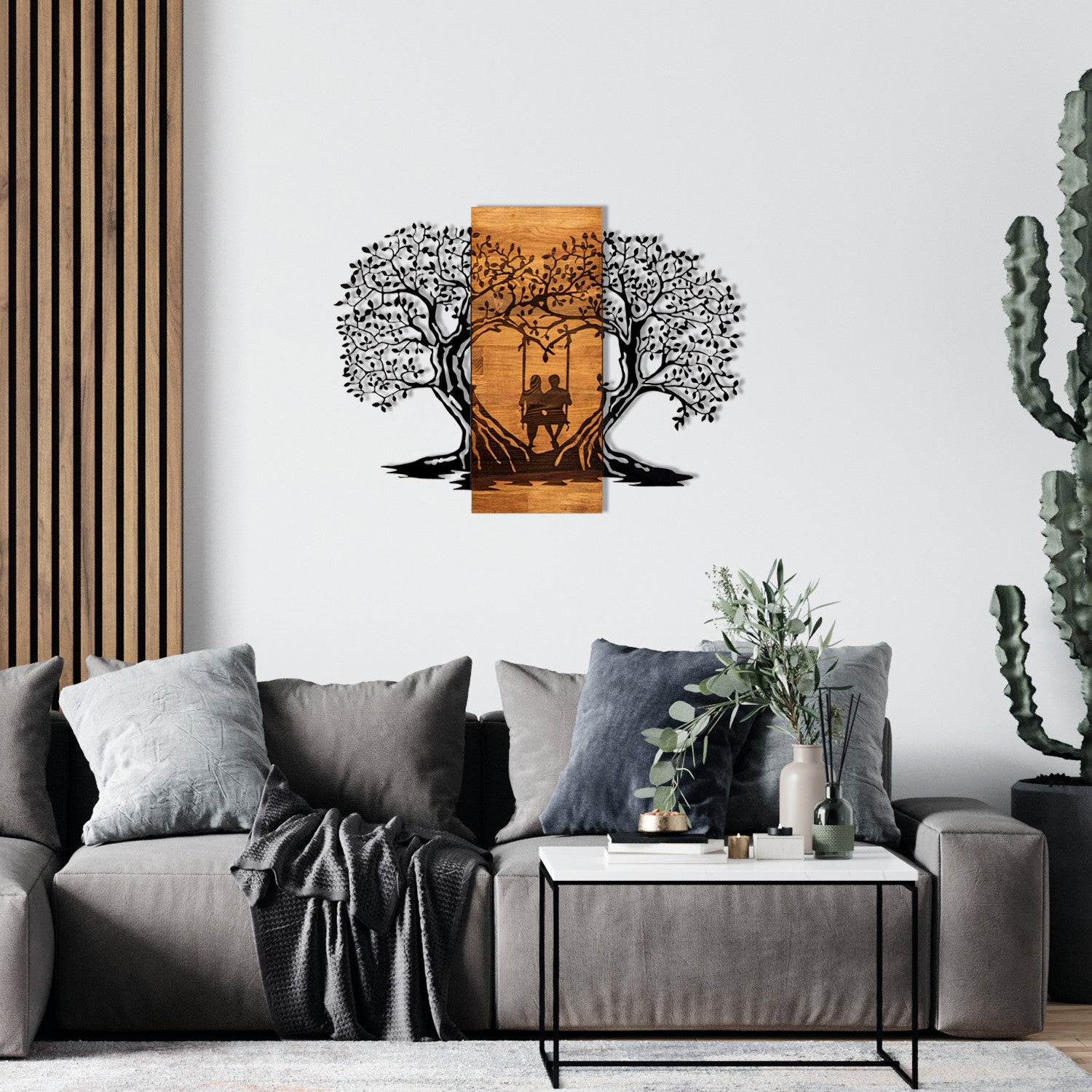 Elegante acessório decorativo de parede em madeira, 76 x 58 cm, preto e nogueira | 100% metal (1,2 mm) e estrutura de madeira (3 cm) | Perfeito para decoração moderna