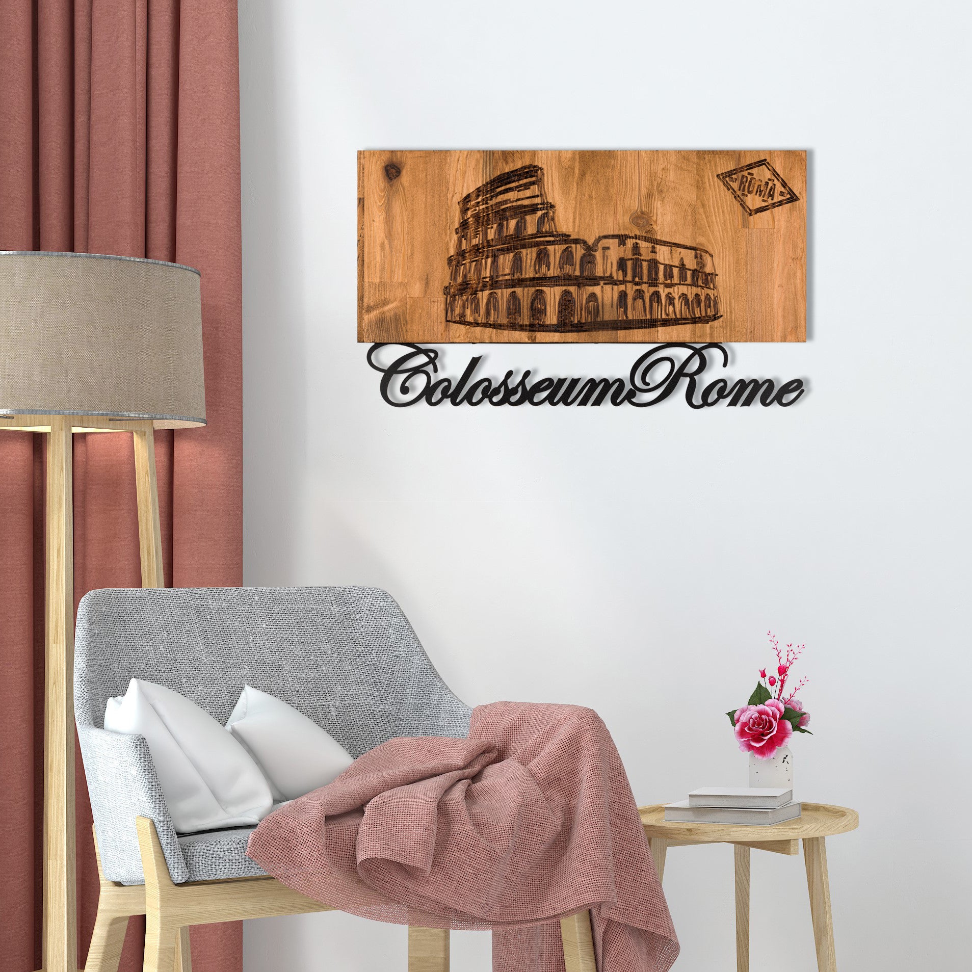 Rome – Acessório Decorativo de Parede em Metal Preto com Moldura de Nogueira, 58 x 33 cm