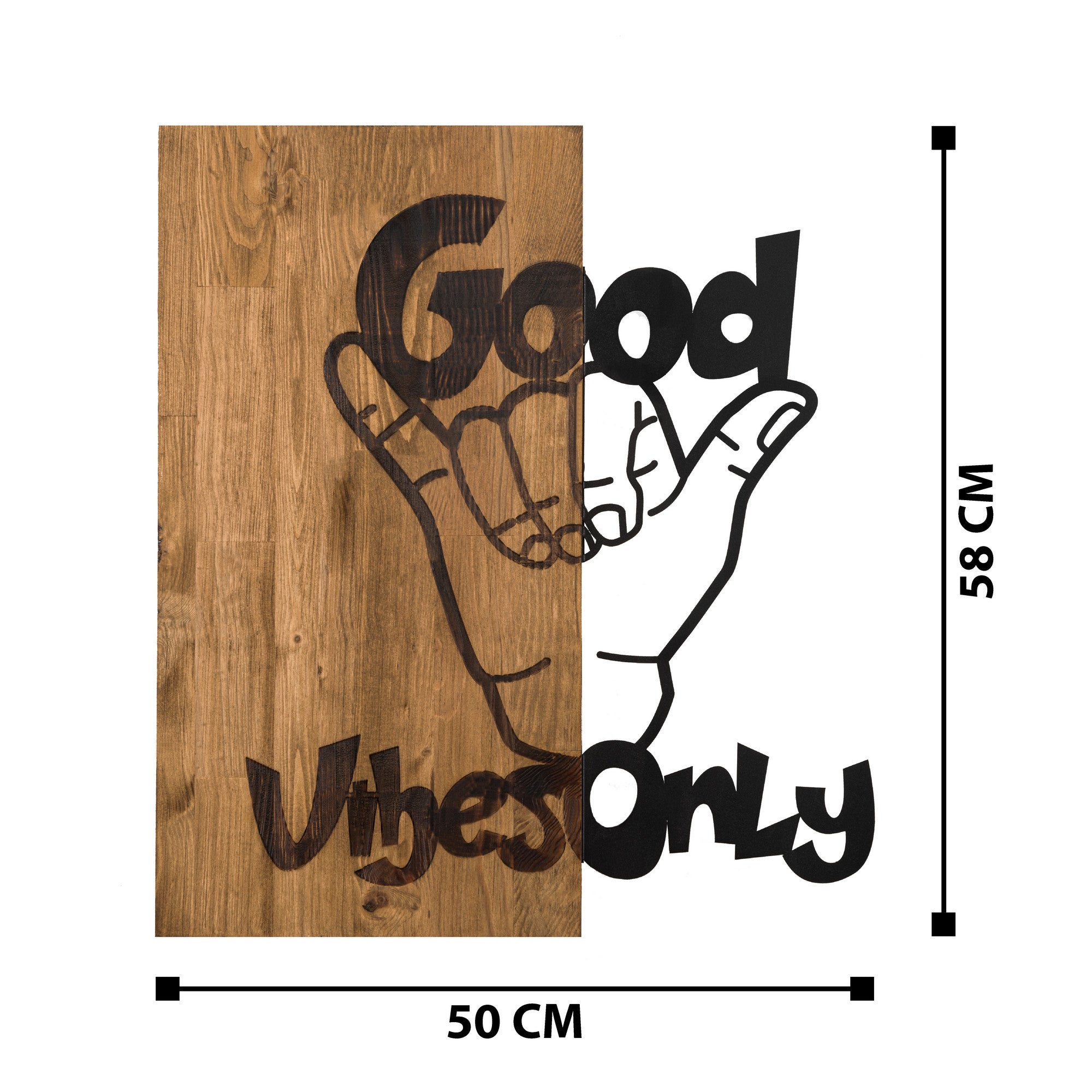 Good Vibes – Acessório de Parede Decorativo em Metal (1,2 mm) com Moldura em Madeira de Nogueira, 50x58 cm, Preto