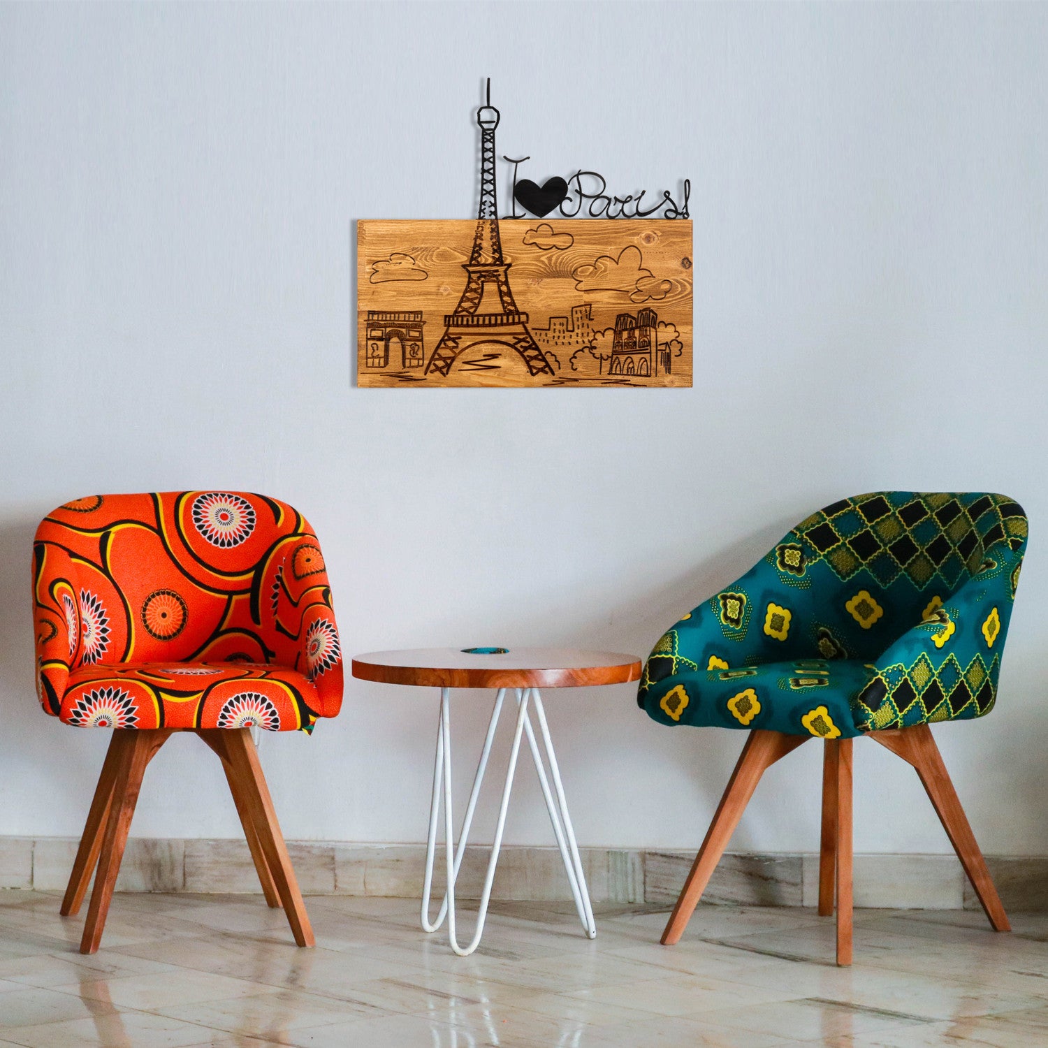 I Love You Paris - Quadro de Parede em Metal com Moldura de Madeira Nogueira, Preto, 58x54 cm