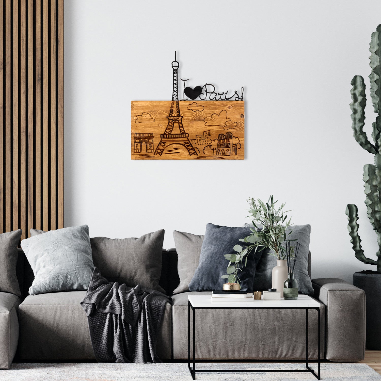 I Love You Paris - Quadro de Parede em Metal com Moldura de Madeira Nogueira, Preto, 58x54 cm