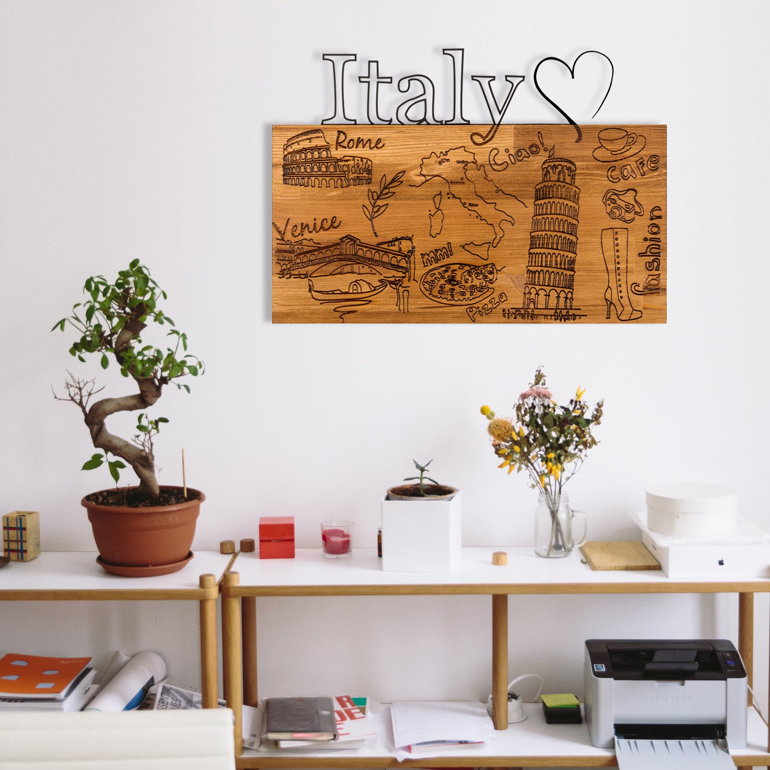 Quadro Decorativo “I Love You Italy” — Metal Preto com Moldura de Nogueira, 58 x 41 cm