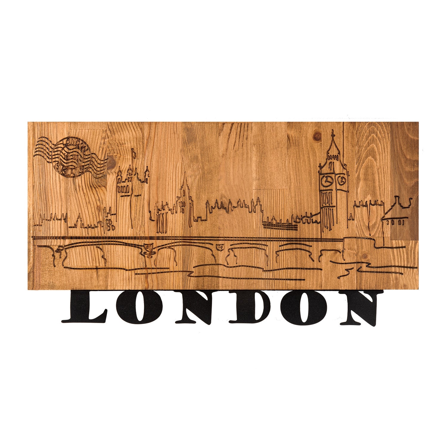 London v2 — Acessório Decorativo de Parede em Metal com Moldura de Madeira, Preto/Nogueira, 58 x 30 cm