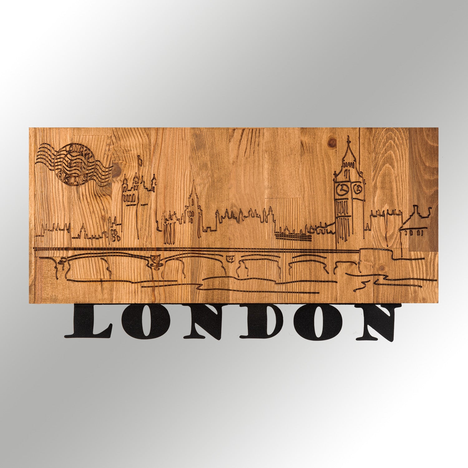 London v2 — Acessório Decorativo de Parede em Metal com Moldura de Madeira, Preto/Nogueira, 58 x 30 cm