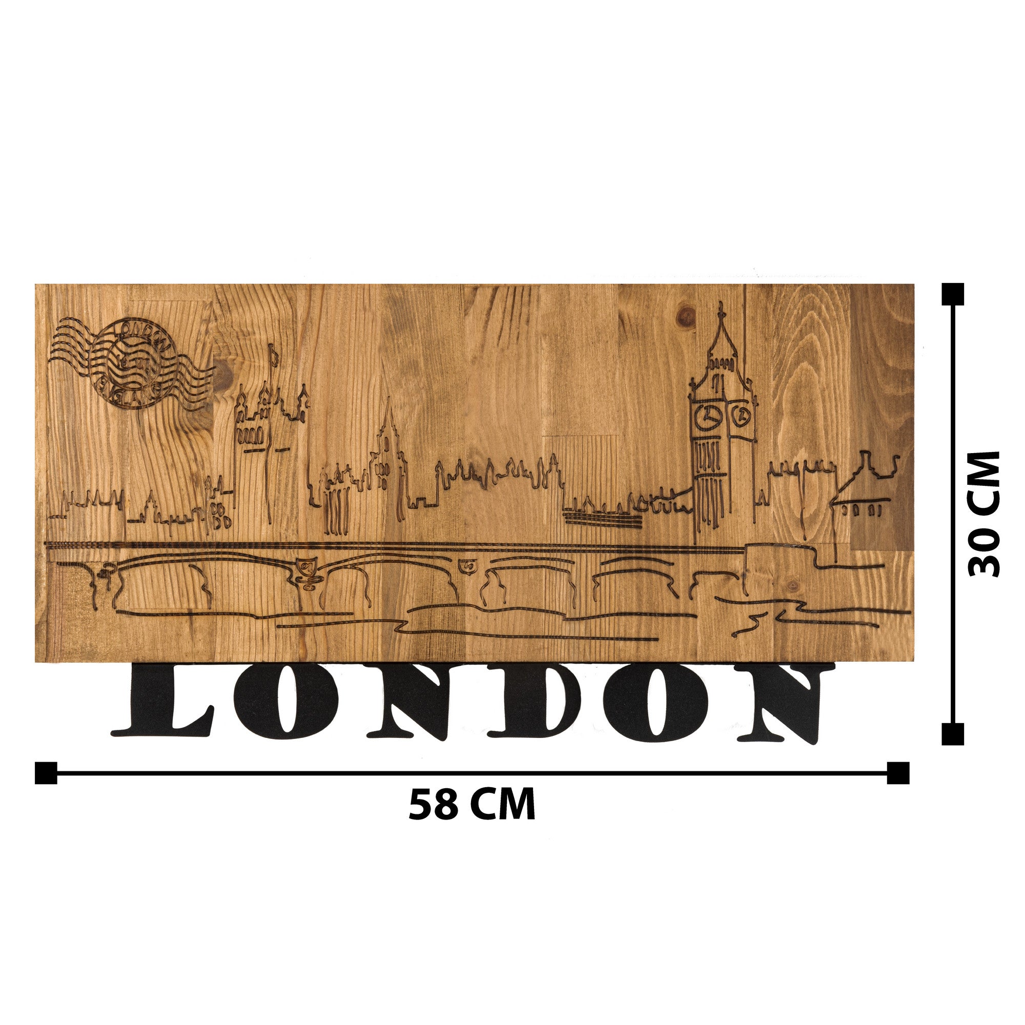 London v2 — Acessório Decorativo de Parede em Metal com Moldura de Madeira, Preto/Nogueira, 58 x 30 cm