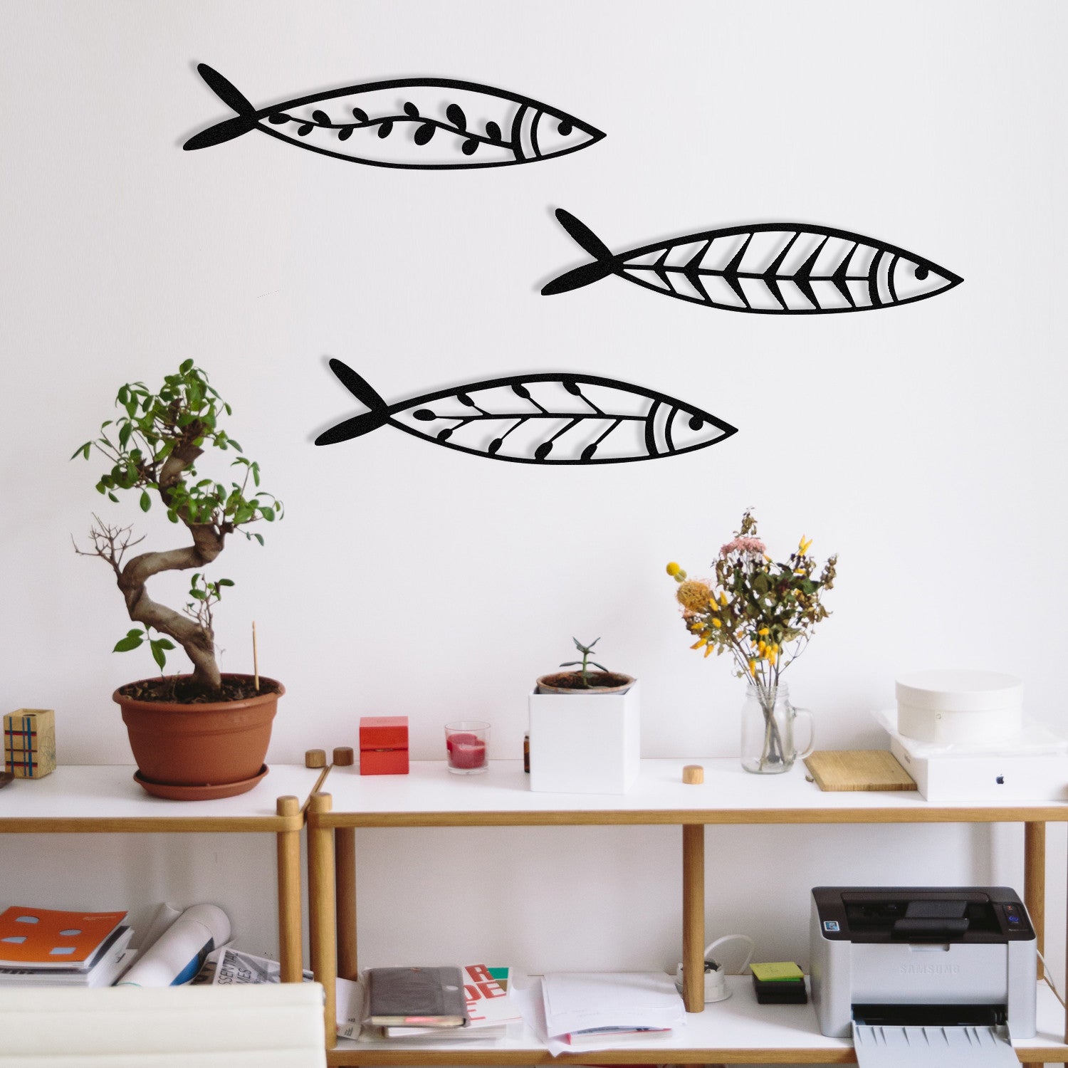 Acessório de parede decorativo de metal elegante (3 peças), preto, 32 x 8 cm | 100% metal, 1,2 mm de espessura | Perfeito para decoração moderna e paredes de destaque
