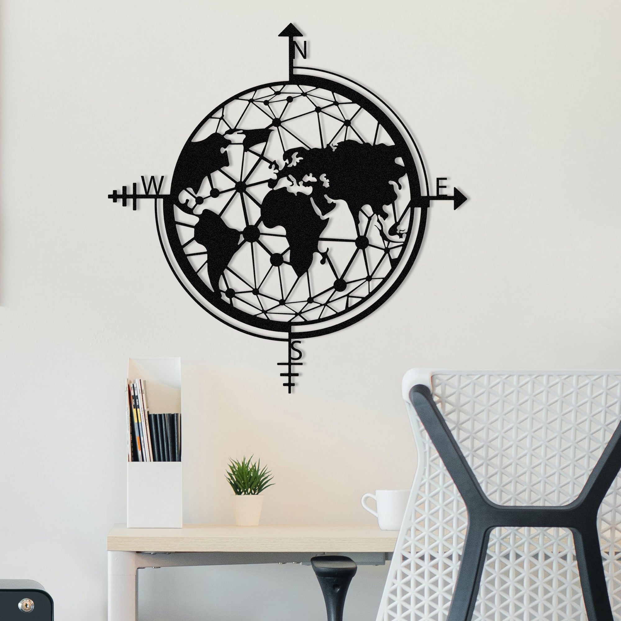 Mapa‑Múndi Decorativo em Metal Preto – 49 x 50 cm