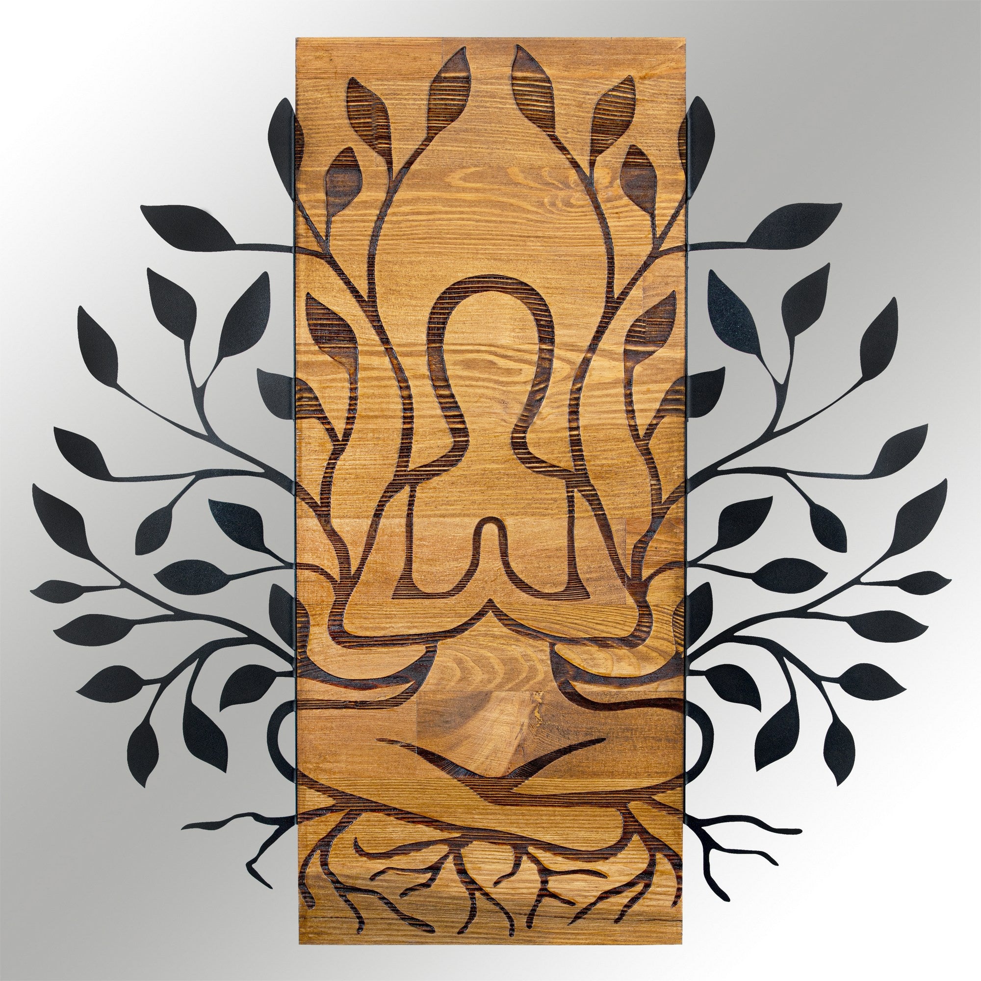 Meditação – Acessório Decorativo de Parede em Metal Preto com Moldura de Nogueira, 58 x 57,5 cm