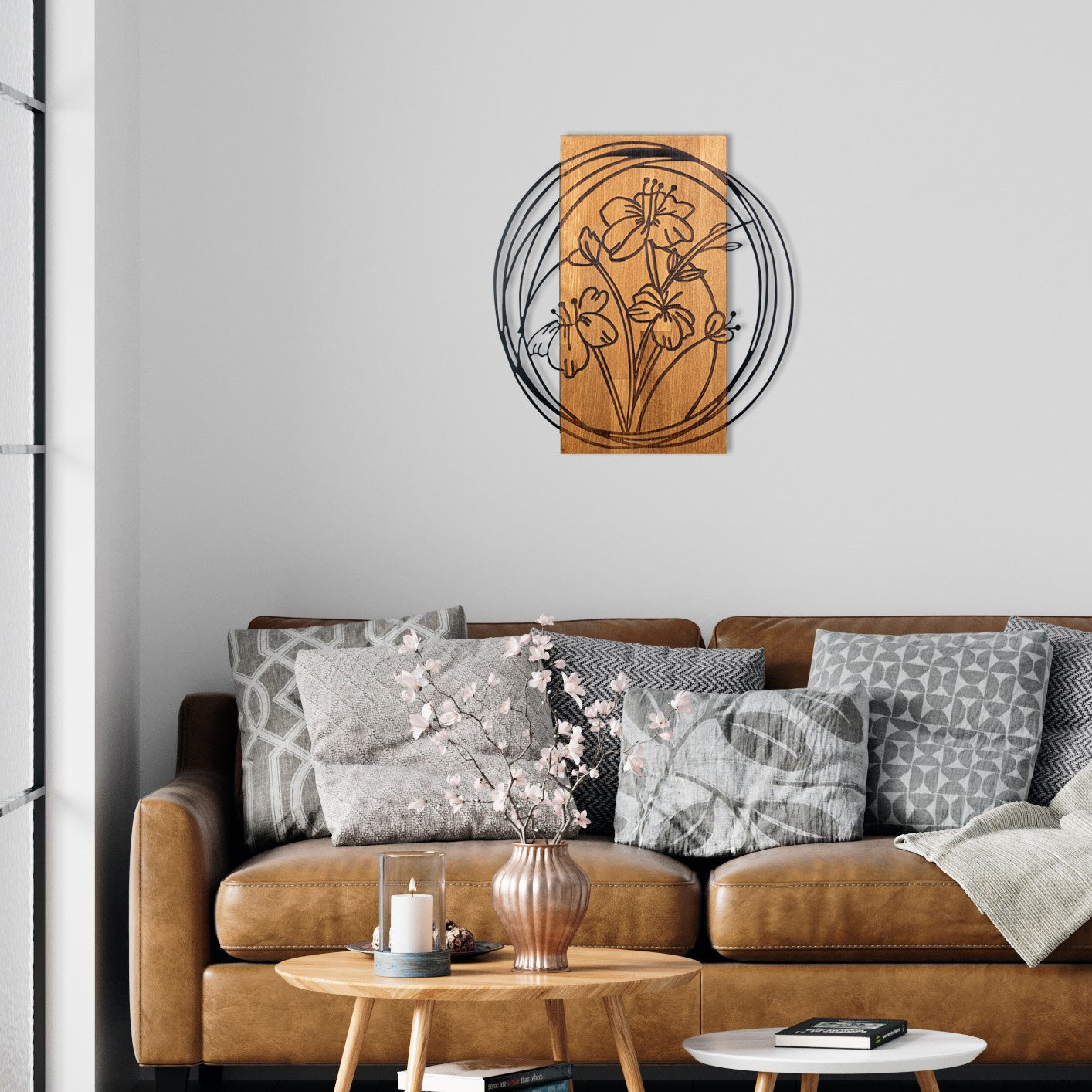 Orchid — Acessório de Parede Decorativo em Metal com Moldura de Madeira (Preto/Nogueira), 55 x 57,5 cm