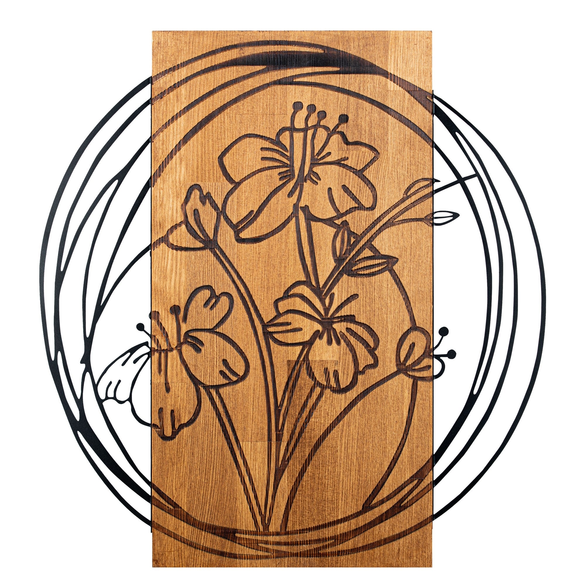 Orchid — Acessório de Parede Decorativo em Metal com Moldura de Madeira (Preto/Nogueira), 55 x 57,5 cm
