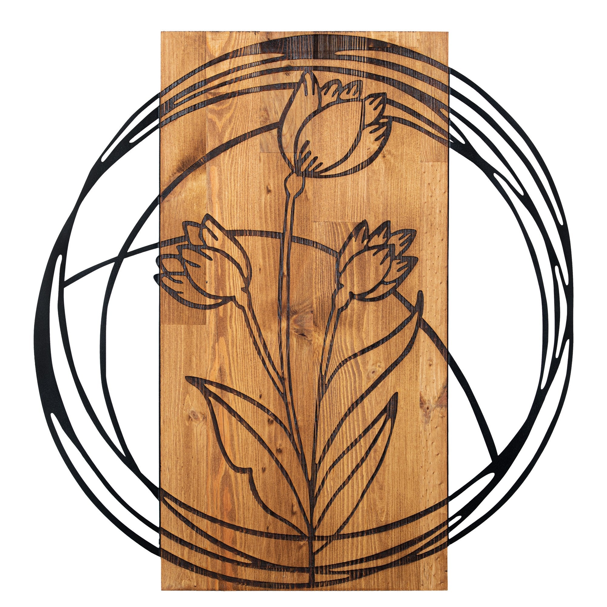 Tulip – Acessório de Parede Decorativo em Madeira e Metal, Preto & Nogueira, 55 x 57,5 cm