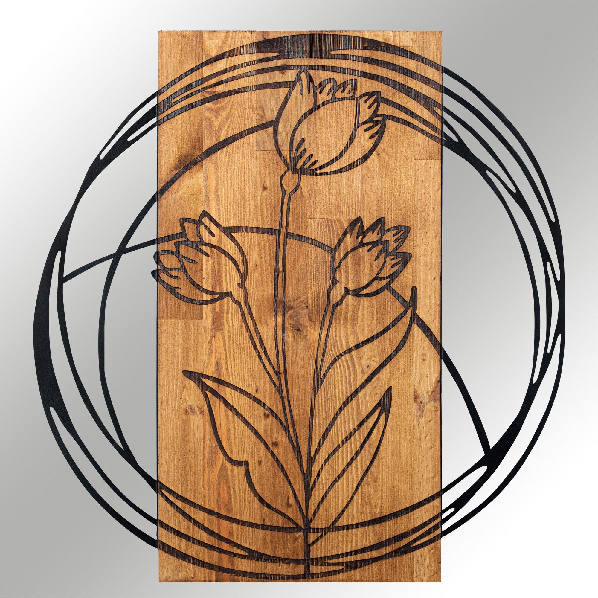 Tulip – Acessório de Parede Decorativo em Madeira e Metal, Preto & Nogueira, 55 x 57,5 cm