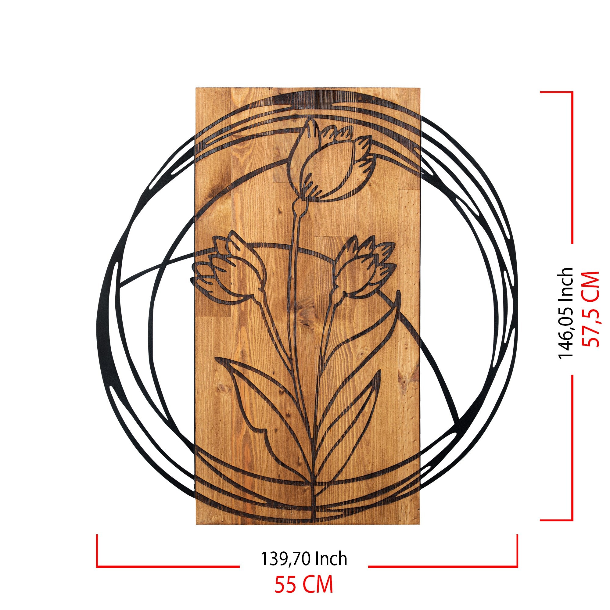 Tulip – Acessório de Parede Decorativo em Madeira e Metal, Preto & Nogueira, 55 x 57,5 cm