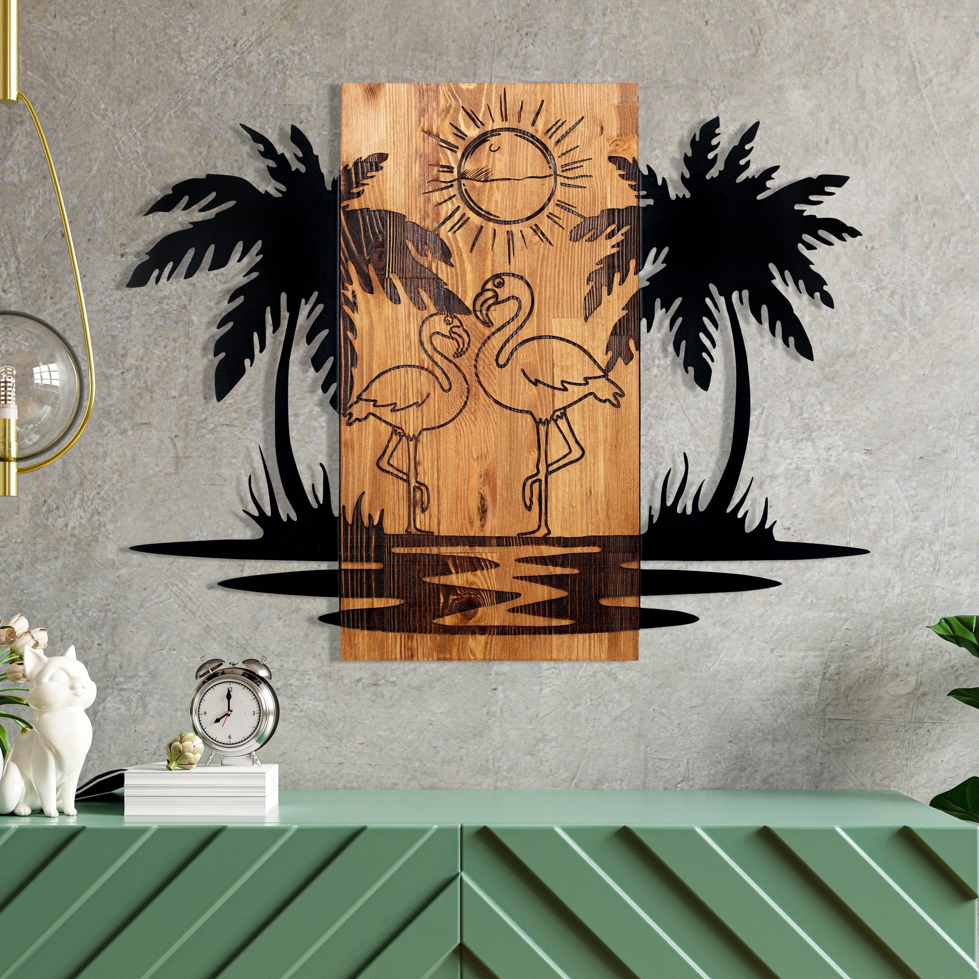 Hawaii – Acessório Decorativo de Parede em Metal Preto com Moldura de Nogueira, 74 x 57,5 cm