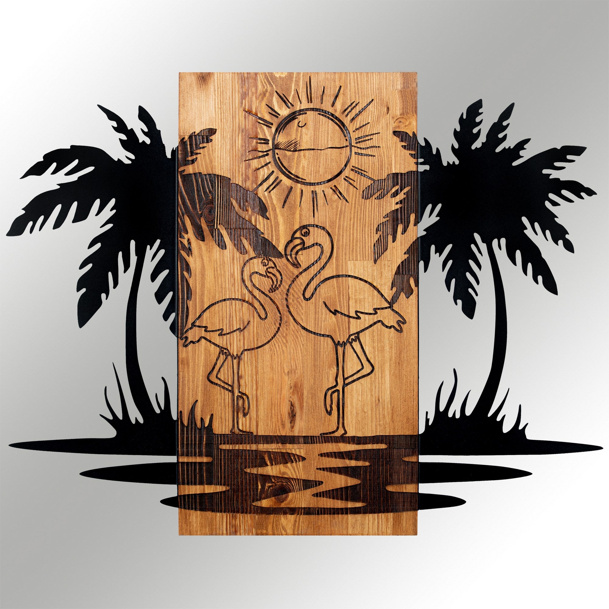 Hawaii – Acessório Decorativo de Parede em Metal Preto com Moldura de Nogueira, 74 x 57,5 cm