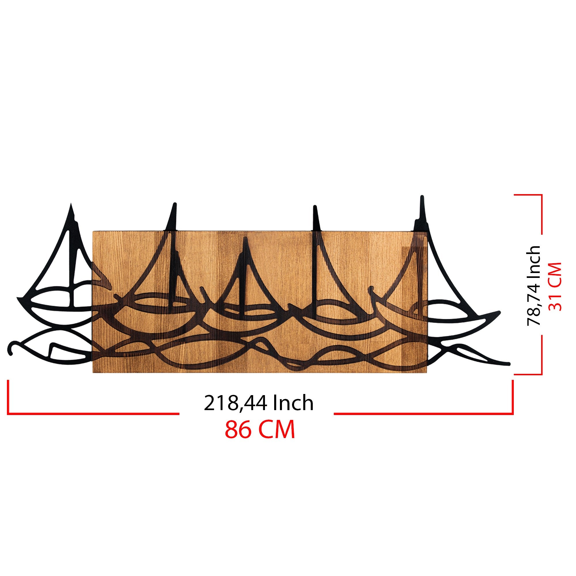 Navios no Mar – Decoração de Parede em Metal, Moldura em Nogueira, Preto, 86 x 31 cm