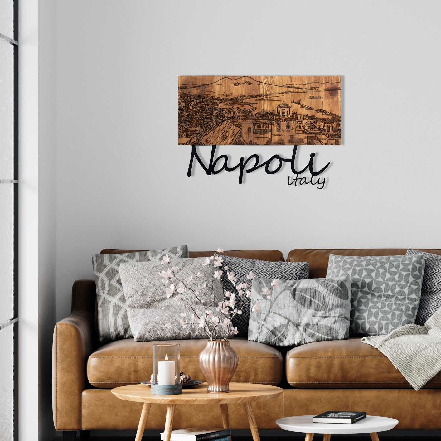 Napoli – Acessório Decorativo de Parede em Metal com Moldura de Madeira, Preto/Nogueira, 58 x 40 cm