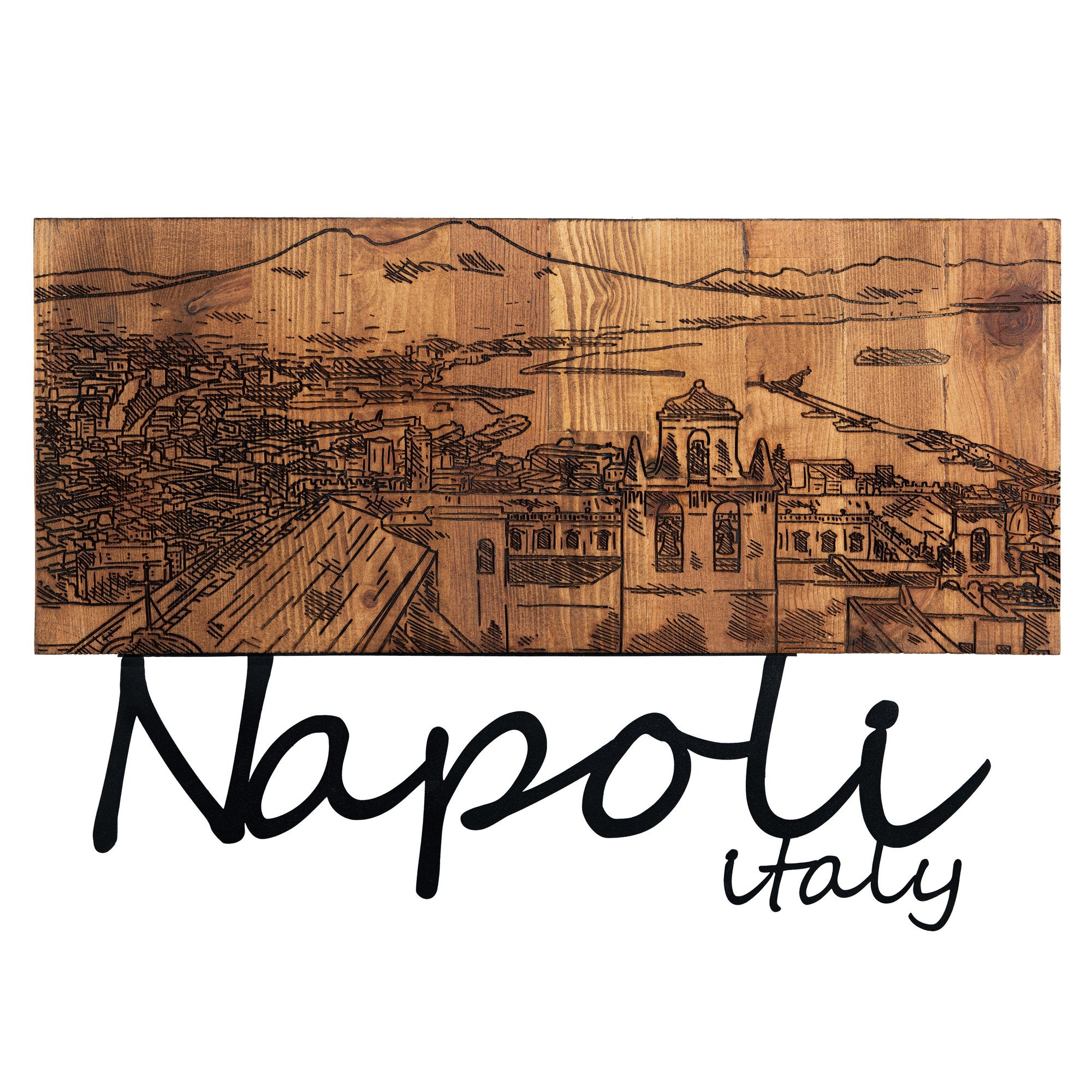 Napoli – Acessório Decorativo de Parede em Metal com Moldura de Madeira, Preto/Nogueira, 58 x 40 cm