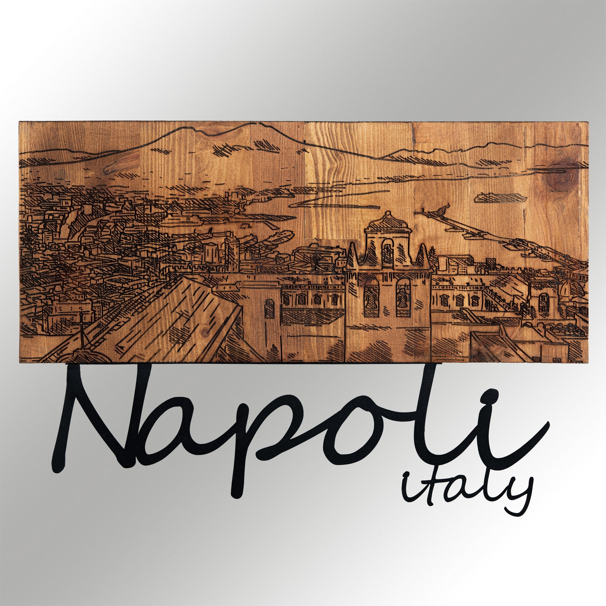 Napoli – Acessório Decorativo de Parede em Metal com Moldura de Madeira, Preto/Nogueira, 58 x 40 cm