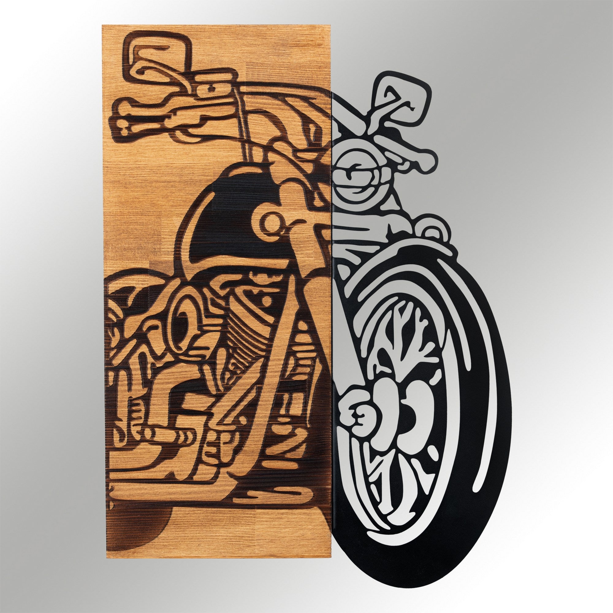 Chopper 2 – Acessório Decorativo de Parede em Metal com Moldura de Madeira (Preto/Nogueira), 44 x 61 cm